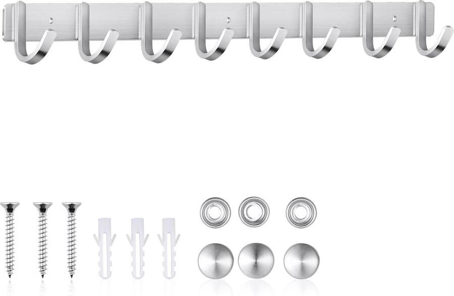 Hakenrek keukenrail kledinghaak kapstok wandhaak roestvrij staal voor badkamer keuken kleding handdoek (8 haken 60 cm)