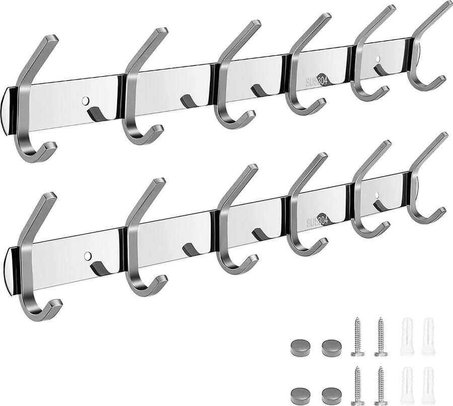 Hakenrek Kledinghaken 2 stuks Wandhaken Badkamer Keukendeur Kledingkast Kapstokken Roestvrij staal polijstproces (zilver 6 haken) 42 cm voor het ophangen van jassen handdoeken sleutels