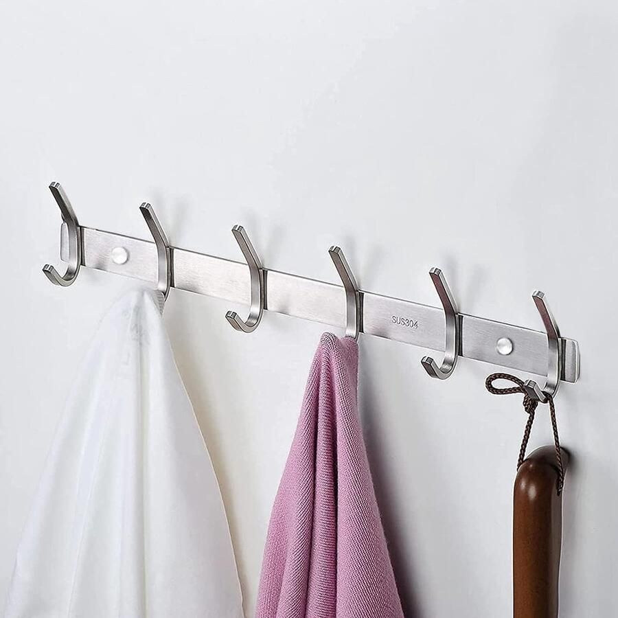 Hakenrek roestvrijstalen kapstokken geborstelde kapstokken wandkapstok voor slaapkamer badkamer keuken (zilver 8 haken)