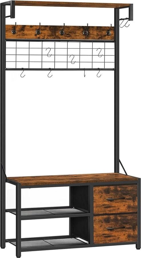 Halboom entreebank met kapstok halboom met bank en schoenenopslag kapstok schoenenbank met haken en laden voor ingang hal rustiek bruin en zwart