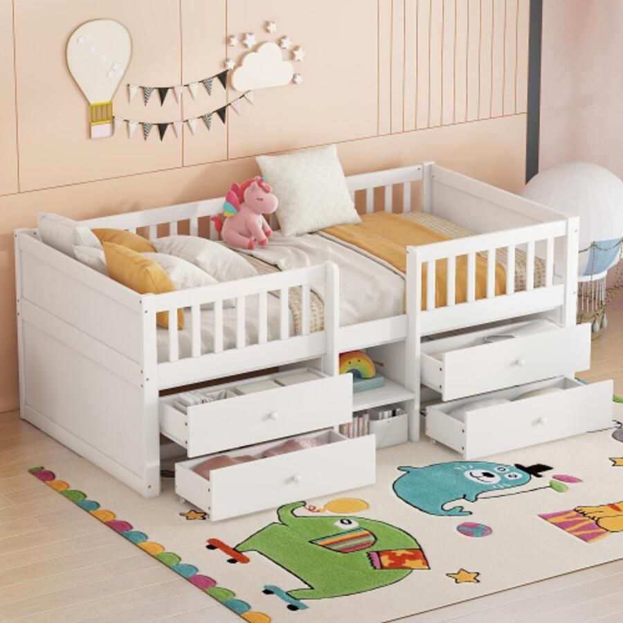 Intebiki Halfhoog bed 90*200 cm 4 lades leuning ladder grenenhout zonder matras minimalistische stijl wit