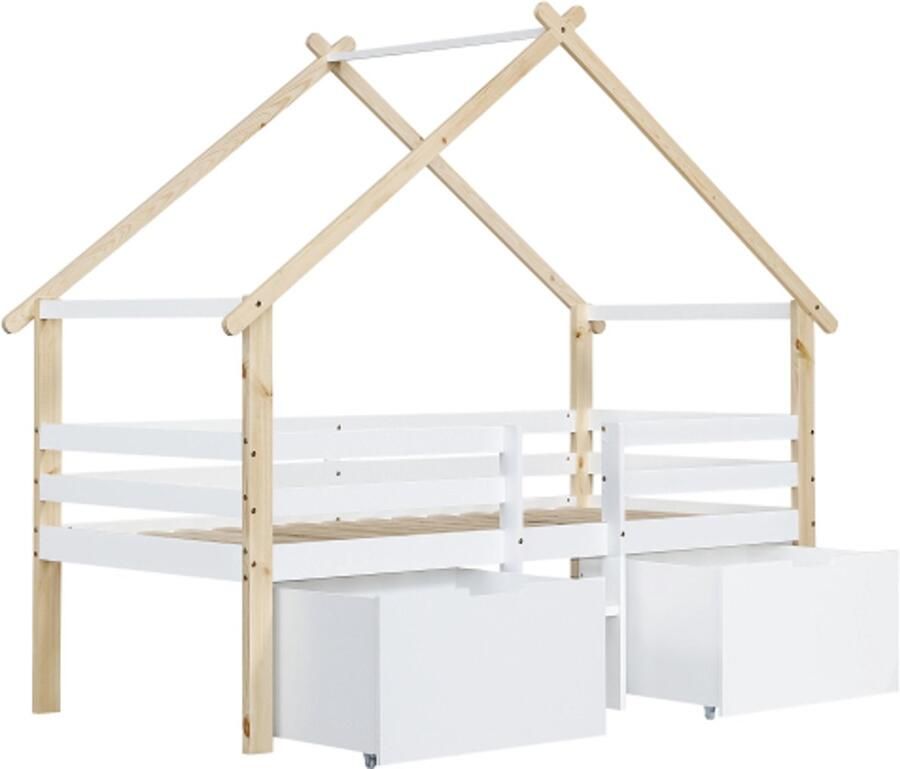 Halfhoog Kinderbed 90x200cm Zonder Matras Huisbed Met Dak En Trap 2 Opbergkasten Op Wielen Kiefer MDF Wit Natuurlijk Voor Kleine Ruimtes