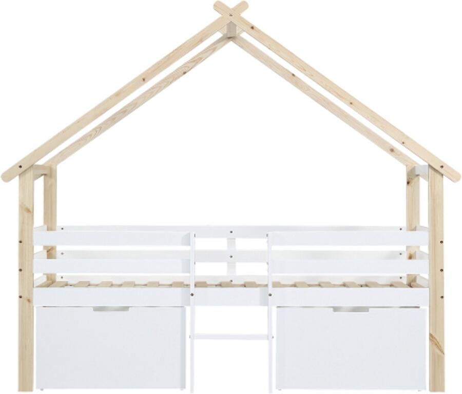 Gotagee Kinderbed 90x200cm halfhoog bed huisbed met dak vierzijdige omheining met trap 2 kasten met wielen grenen + MDF wit + naturel