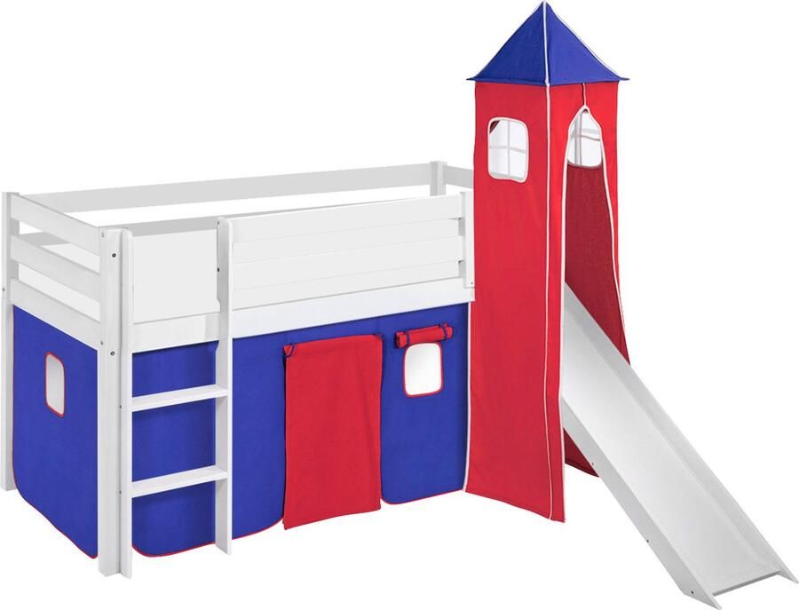 Halfhoogslaper Blauw-Rood met tent toren en glijbaan