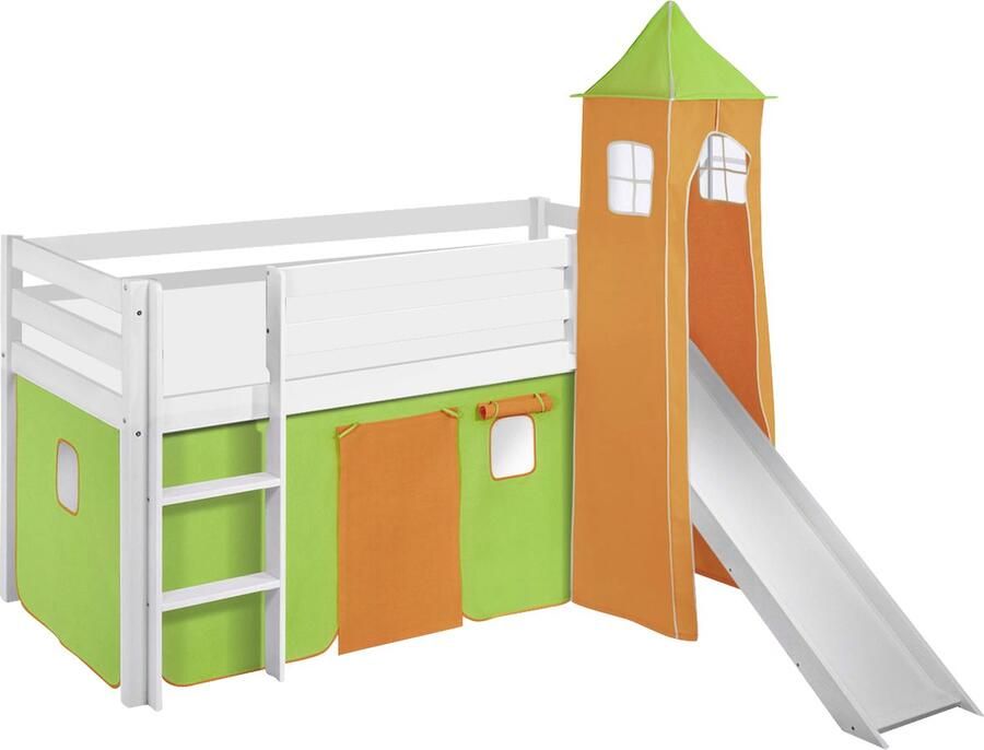 Halfhoogslaper Groen-Oranje met tent toren en glijbaan