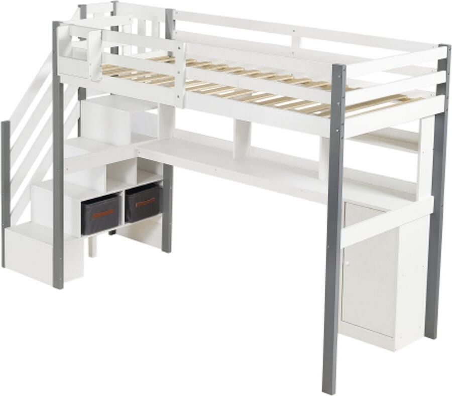 Halfhoogslaper hoogslaper met stoffen opbergvak veel opbergruimte met zijladder open plank jeugdbed met bureau en opbergvakken grenen + MDF wit + grijs 90x200cm