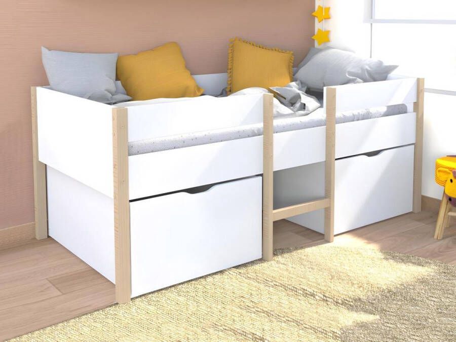 Vente-unique Halfhoogslaper SISSY 2 laden 90 x 190 cm Wit en eiken L 199 cm x H 81 cm x D 100 cm