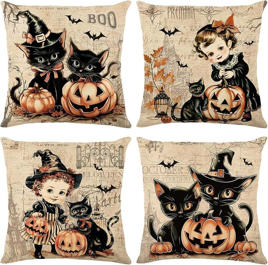 Halloween decoratie Halloween kussensloop Vintage vierkante kussenslopen Halloween Sierkussenhoezen Retro Kussenhoezen Halloween Decoratieve Tuinkussenhoezen herfstdecoratie voor Bank Sofa Decoratie 45 x 45 cm Set van 4