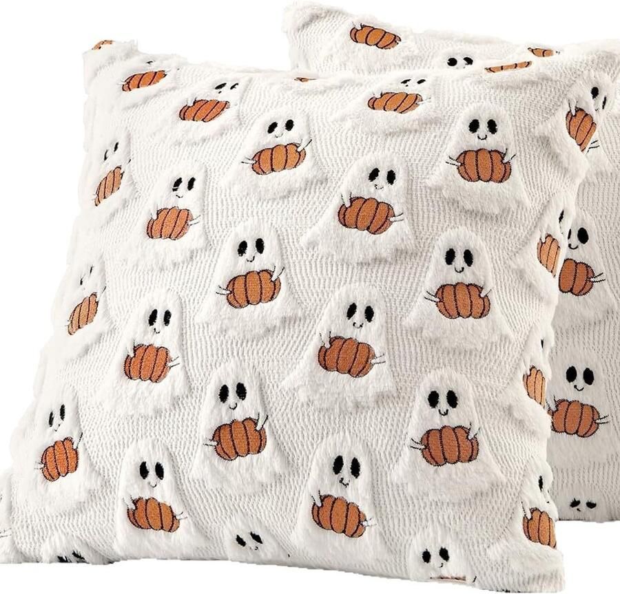 Halloween decoratie Kussenslopen Halloween kussenslopen Spookknuffelpompoenen Kussenslopen Zachte pluche 45 x 45 cm Het griezelige Voor stoel Bank Woondecoratie Wit 2 stuks