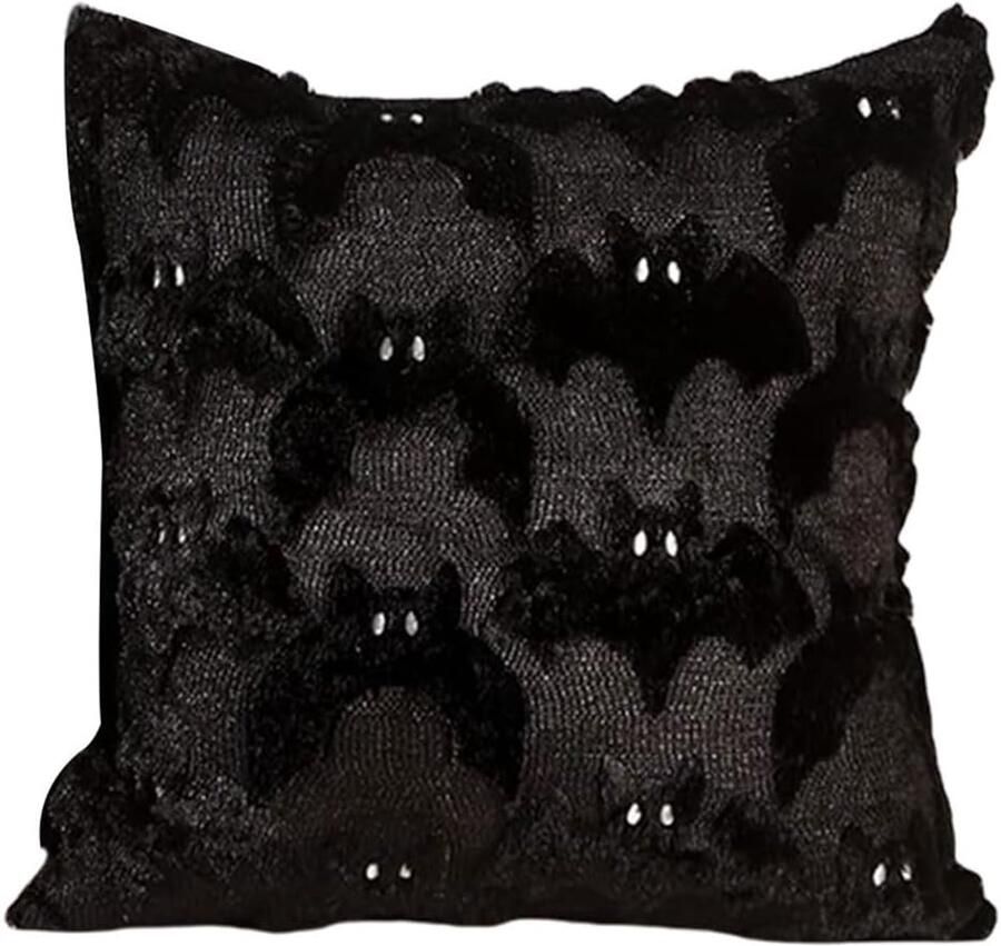 Halloween decoratie Kussenslopen Halloween kussenslopen Zwarte vleermuis kussensloop 45 x 45 cm Zachte pluche Vleermuispatroon Geschikt voor Halloween Bank Slaapkamer Feestdecoratie Tweedelige set