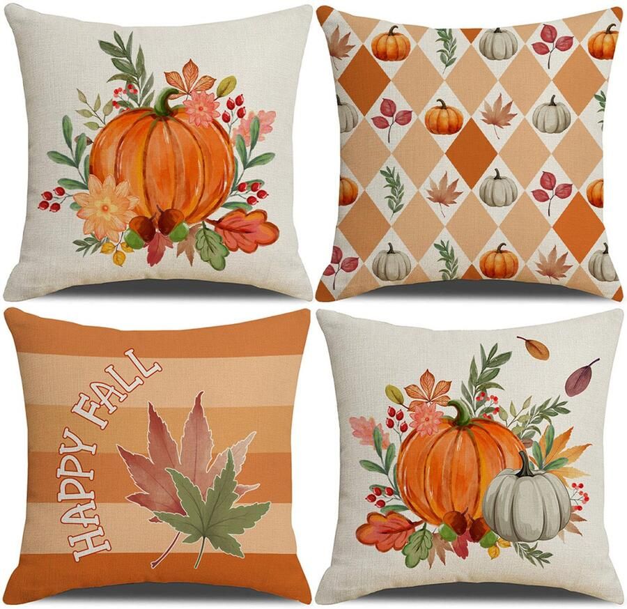 Halloween Decoratie Kussenslopen Herfst Kussenhoezen Decoratieve Kussenhoezen met Esdoornblad en Pompoenprint in Polyester Linnen Herfst Woondecoratie Vierkante Kussenslopen voor Slaapbank Woonkamer 45x45 cm 4 stuks