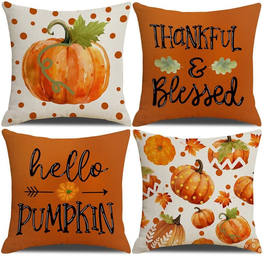 Halloween Decoratie Kussenslopen Herfstkussenhoezen Esdoornblad Decoratieve kussensloop met pompoenprint Polyester linnen Herfstdecoratie Vierkante kussensloop Bank Bed Woonkamer 45x45 cm Set van 4