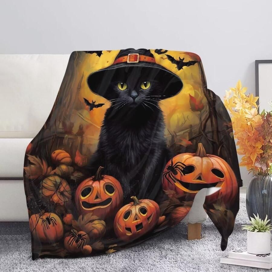 Halloween Deken Omkeerbare Fleece Deken met Zwarte Kat en Pompoen Warme Dekens voor Bed en Bank