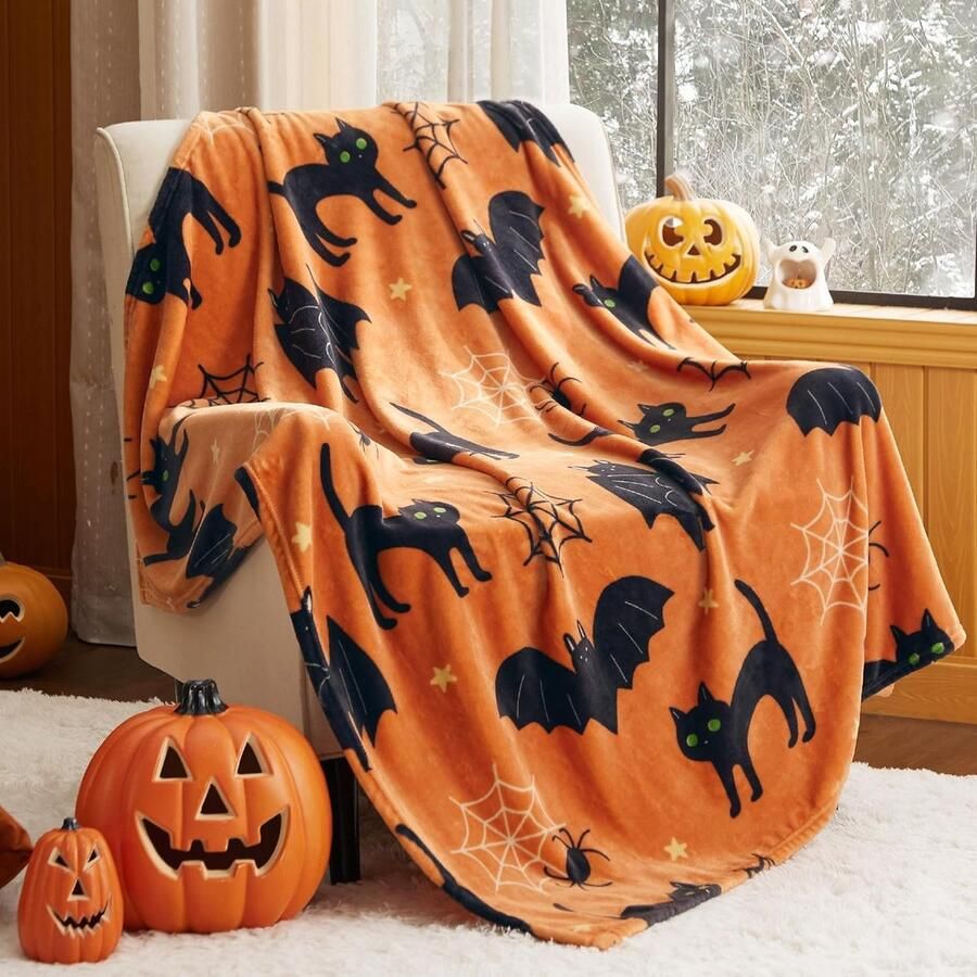 Halloween deken Ultrazachte flanellen deken met spook- en gotische print voor volwassenen en kinderen gezellige lichte Halloween deken voor bank bed sofa herfstdecoratie (130*150cm)