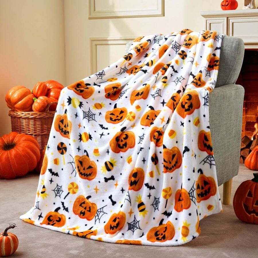Halloween deken Zachte pluche deken Spinnenweb vleermuis pompoen deken 50x60 Gezellige flanel Halloween decoratie Halloween deken Geschikt voor feesten banken bedden woonkamers 130x150cm Wit