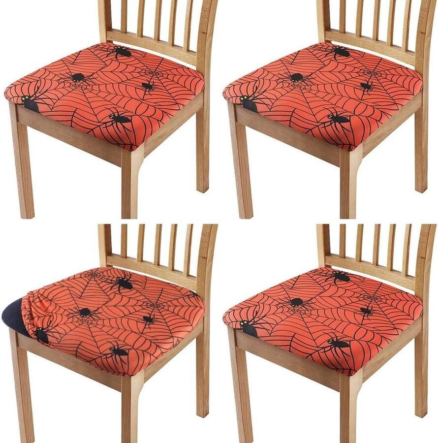 Halloween eetkamerstoelhoezen spinnenweb stretch stoelhoezen donkeroranje polyester verwijderbare wasbare gestoffeerde stoelbeschermer kussenhoes keuken thuiskantoor 4 stuks