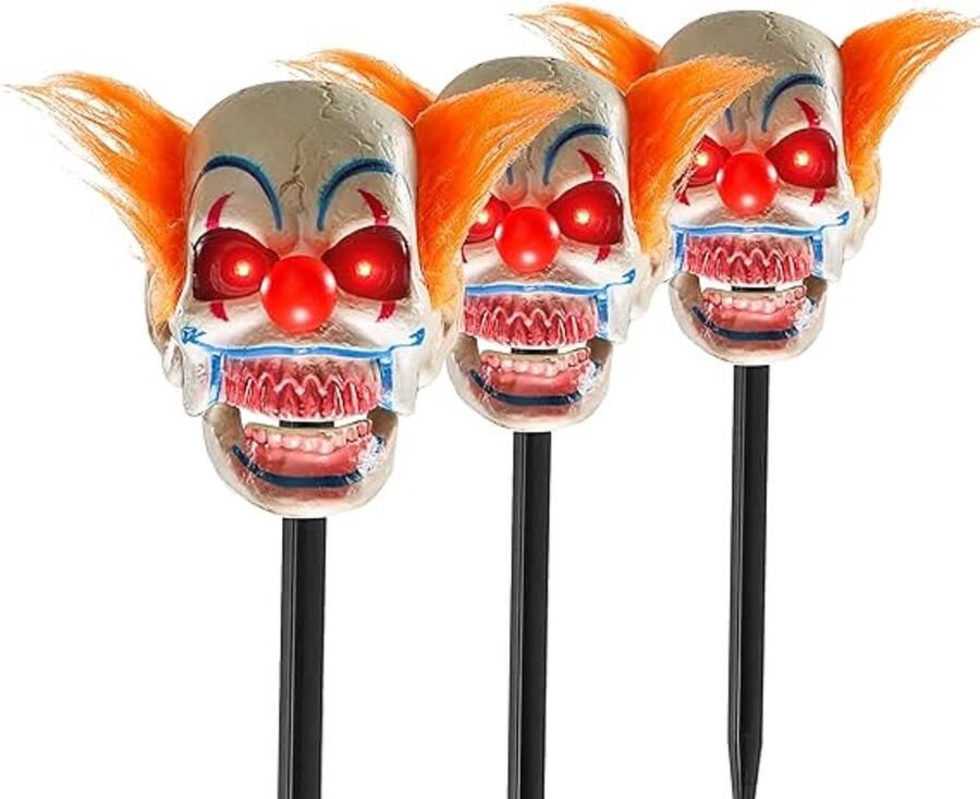 Halloween Geanimeerde pratende clown-padmarkeringen enge Halloween-verlichtingsdecoraties griezelig spookhuis Animatronics Stakes Props met oplichtende ogen geluid geactiveerd voor gazon binnen buiten (3-pack)