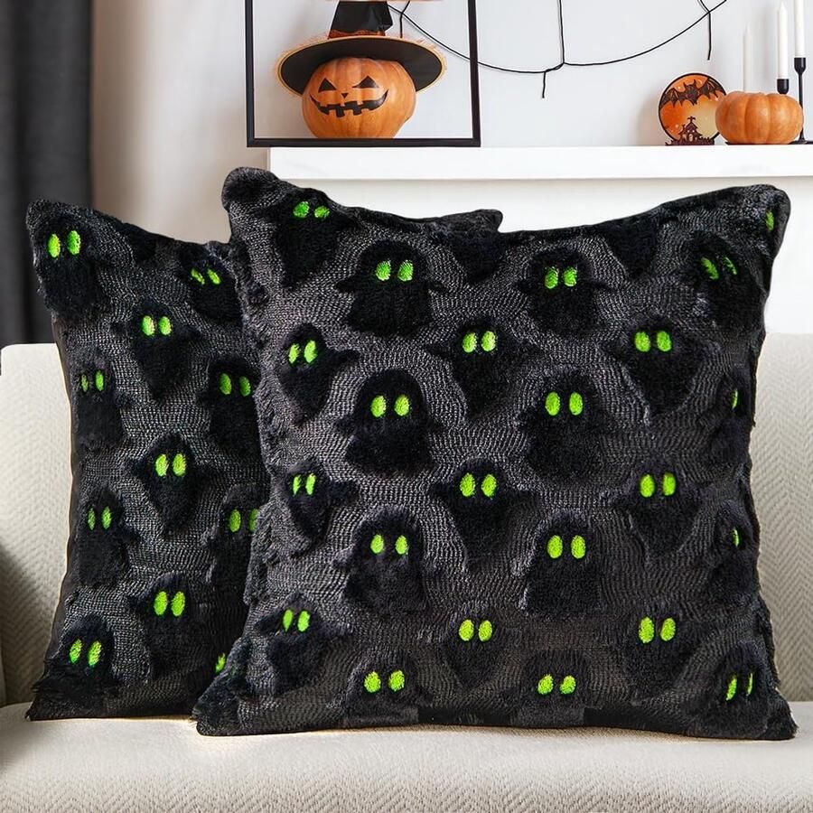 Halloween Grip Kussenhoes 45 * 45cm 2 stuks Set Zwarte Ghost Grip Kussenhoes Zacht pluis Kunstmatige bont Wol Bank Kussenhoes Geschikt voor stoelen Bank Slaapkamer Woonkamer Huisdecoratie