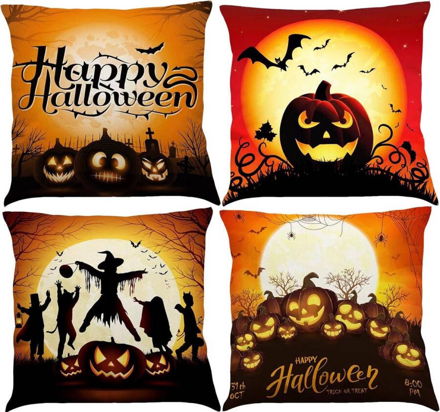 Halloween kussen 4 stuks kussensloop 45 x 45 cm pompoen katoen linnen kussensloop Halloween decoratie voor woonkamer bank tuin Halloween decoratieset