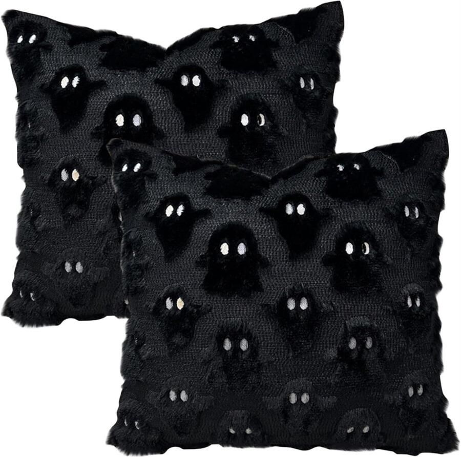 Halloween kussenhoezen 18x18 inch set van 2 Schattige spookkussenhoezen Zachte pluche kunststof kussenhoes Voor stoel bank slaapkamer woonkamer huisdecoratie Zwart