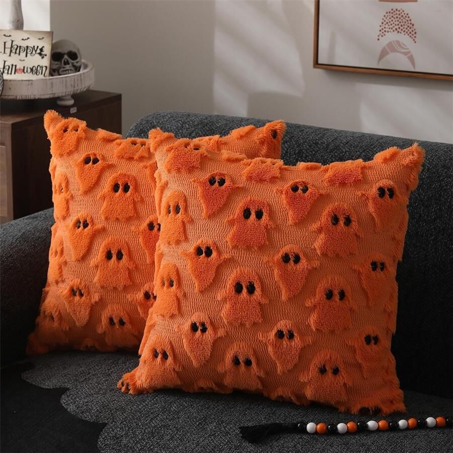Halloween kussenhoezen 18x18 inch set van 2 Schattige spookkussenhoezen Zachte pluche kunststof kussenhoes Voor stoel bank slaapkamer woonkamer huisdecoratie Oranje