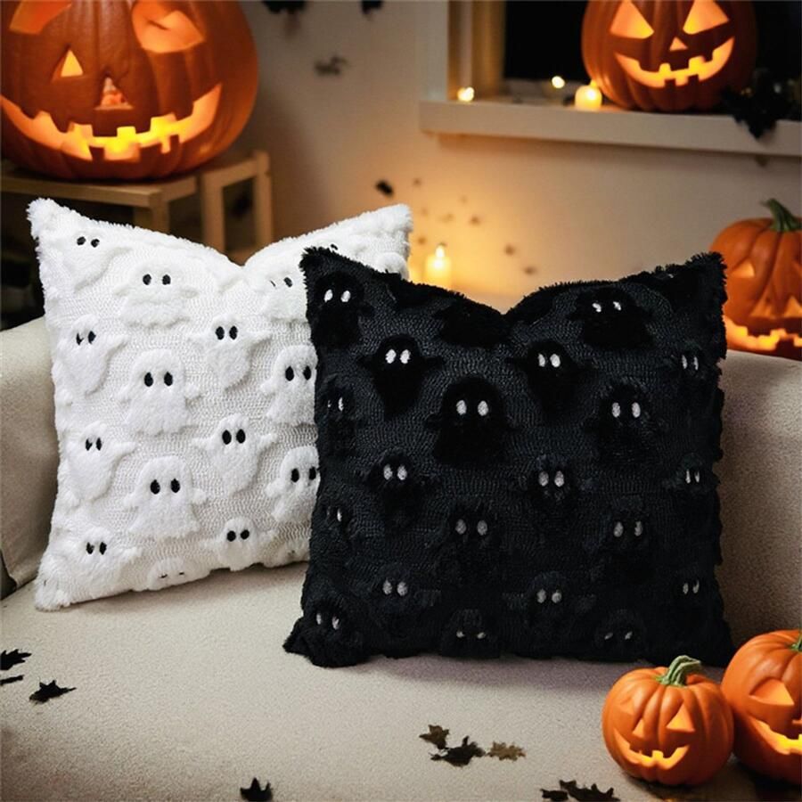 Halloween kussenhoezen 18x18 inch set van 2 Schattige spookkussenhoezen Zachte pluche kunststof kussenhoes Voor stoel bank slaapkamer woonkamer huisdecoratie Wit+Zwart