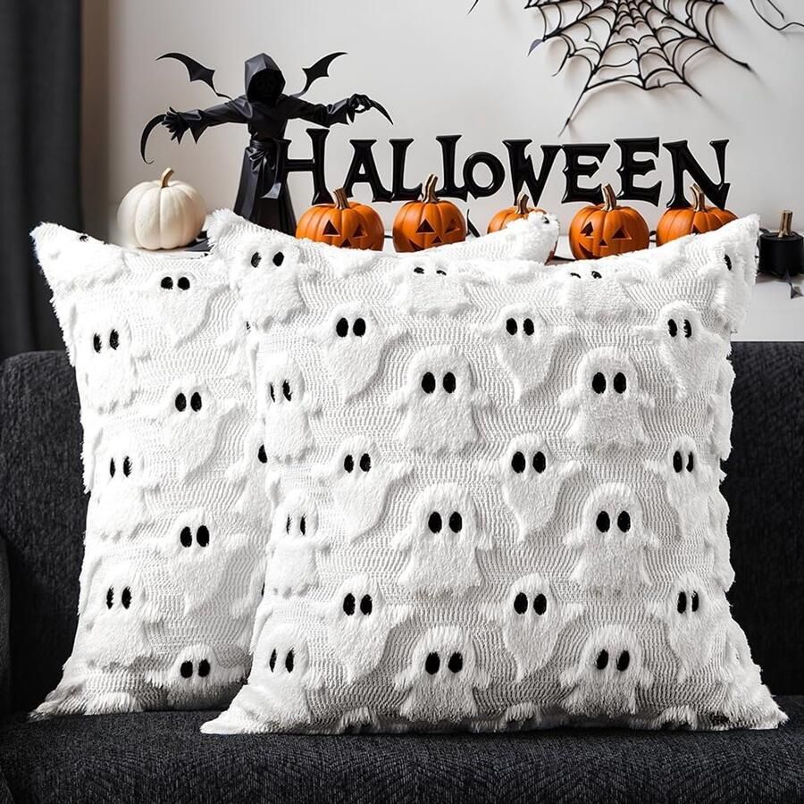 Halloween kussenhoezen 18x18 inch set van 2 Schattige spookkussenhoezen Zachte pluche kunststof kussenhoes Voor stoel bank slaapkamer woonkamer huisdecoratie Wit