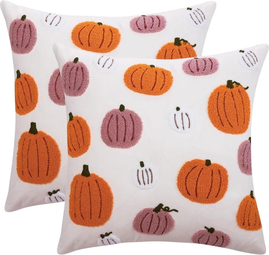 Venkuber Halloween Kussenhoezen 2 Stuks – 45x45 cm – Enkelzijdige Borduurwerk Pompoen Ontwerp – Oranje – Herfst & Halloween Decoratie voor Bank Slaapkamer Tuin – Sierkussenhoezen zonder Vulling