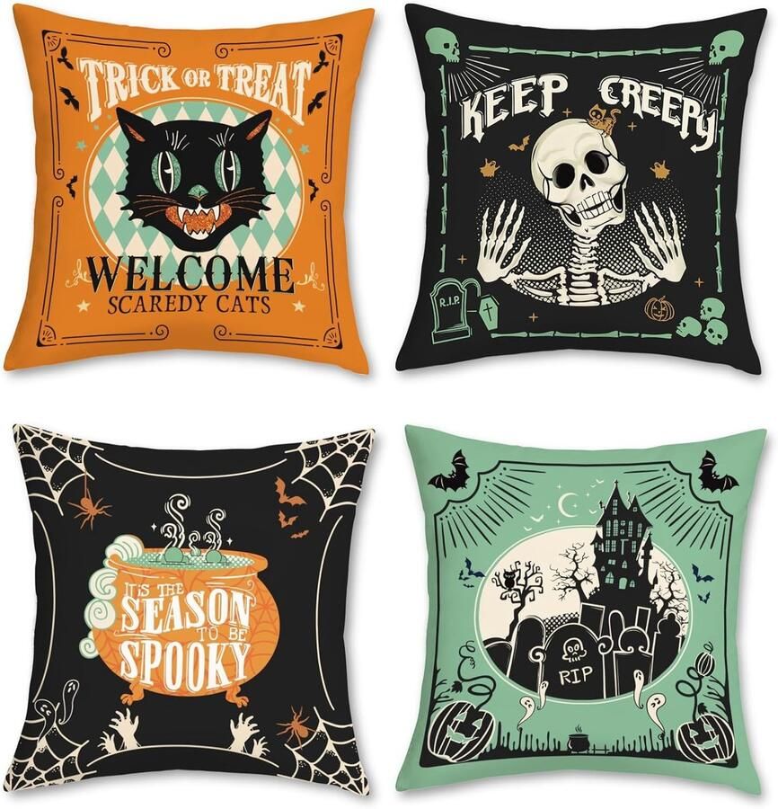 Halloween kussenhoezen 45 x 45 cm gotische schedel kasteel zwarte kat groen oranje zacht fluweel decoratieve sierkussenslopen voor bank bed woondecoratie set van 4