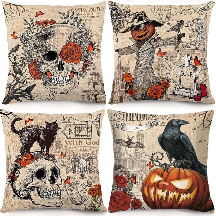 Halloween kussensloop 4 stuks horror pompoen kraai vogelverschrikker schedel decoratieve kussensloop linnen bank kussensloop Halloween-decoratie voor huis bank slaapkamer 45 x 45