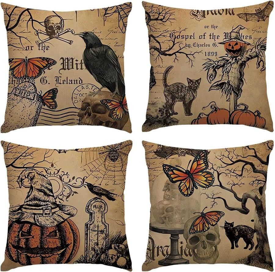 Halloween kussensloop 40 x 40 4 stuks Halloween-decoratie Halloween-kussen decoratie Halloween-kussen boo linnen kussensloop Halloween-decoratie voor thuis tuin bank