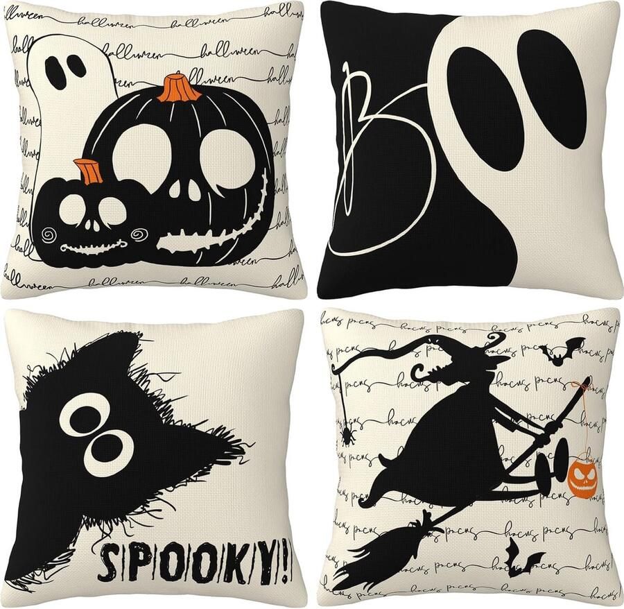 Halloween kussensloop 40 x 40 cm set van 4 zwarte kat pompoen spook decoratieve kussenslopen Halloween-decoratie voor thuis bank slaapkamer