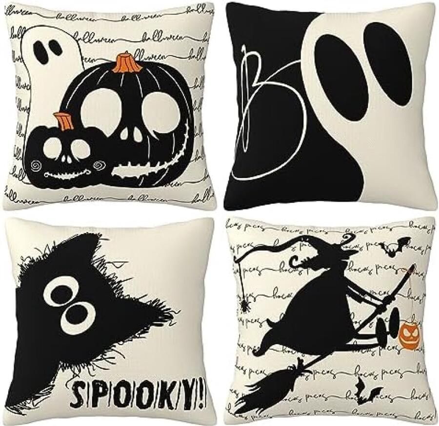 Halloween kussensloop 40 x 40 cm set van 4 zwarte kat pompoen spook decoratieve kussenslopen Halloween-decoratie voor thuis bank slaapkamer