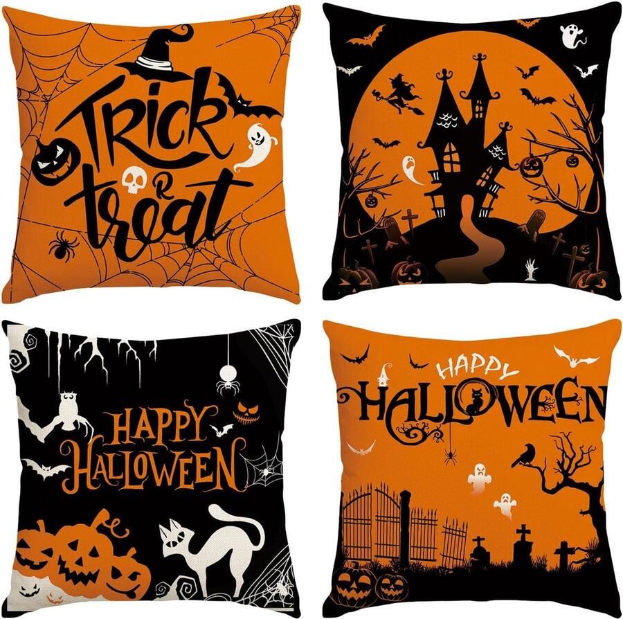 Halloween kussensloop 45 x 45 4 stuks Halloween-decoratie Halloween-kussen decoratie Halloween-kussen boo linnen kussensloop Halloween-decoratie voor thuis tuin bank