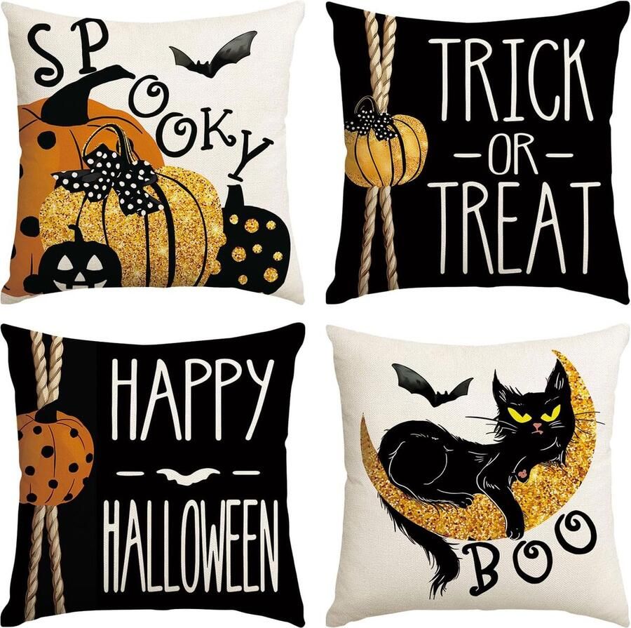 Halloween kussensloop 45 x 45 4 stuks Halloween-decoratie Halloween-kussen decoratie Halloween-kussen boo linnen kussensloop Halloween-decoratie voor thuis tuin bank