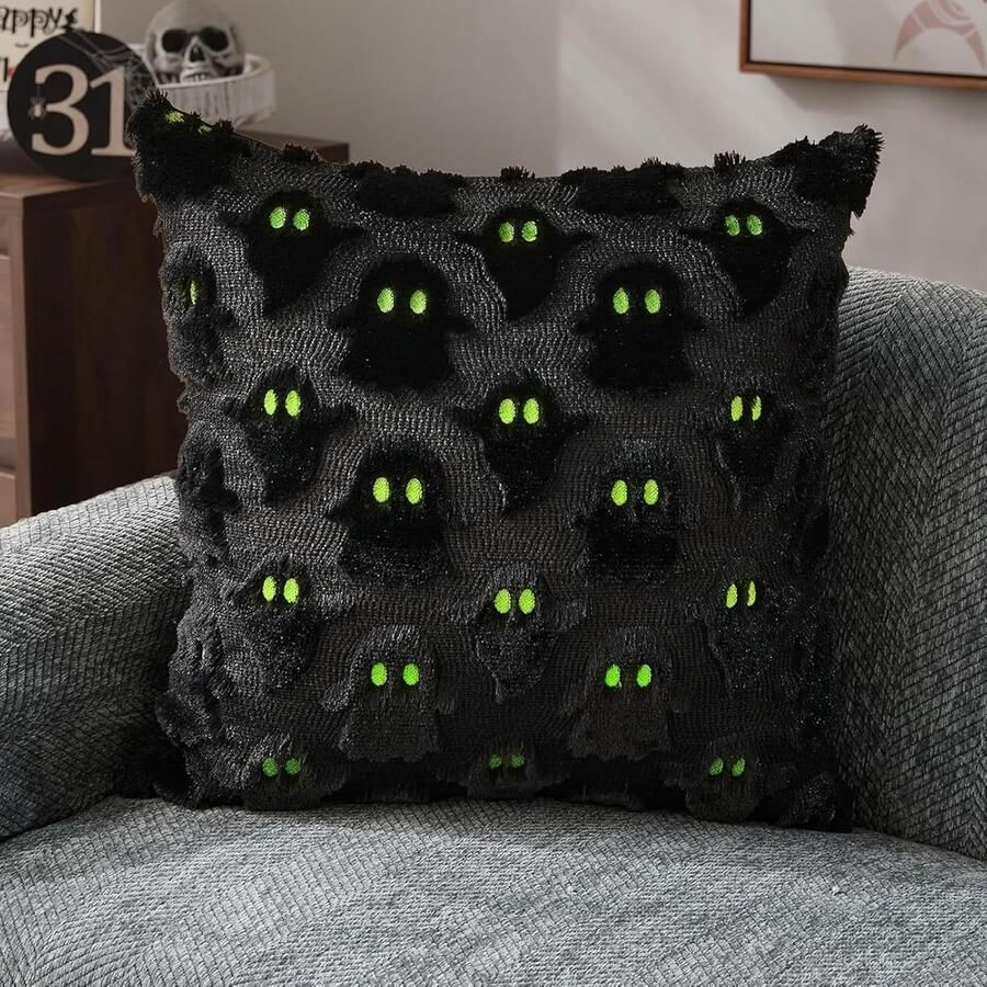 Halloween kussensloop 45 x 45 cm Halloween spookdecoratie kussensloop groene ogen geest kussenhoes herfst kussenhoes bankkussen herfstdecoratie voor bank slaapkamer decoratie