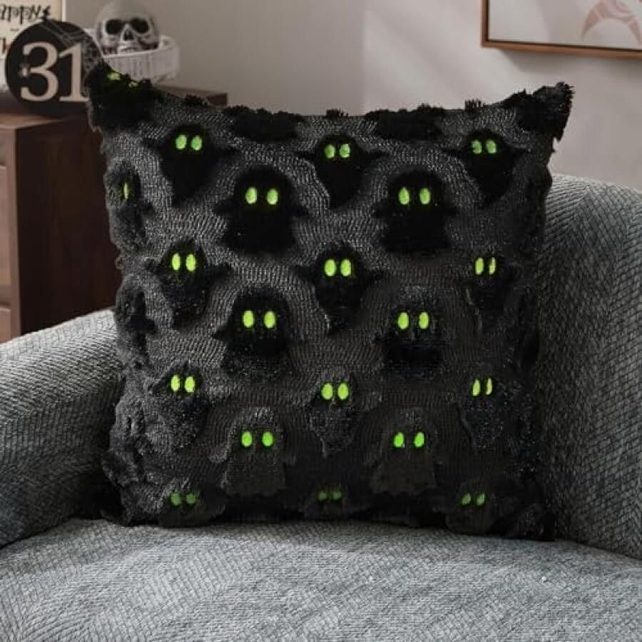 Halloween kussensloop 45 x 45 cm met spookmotief en groene ogen Herfst decoratie kussenhoes voor bank en slaapkamer Polyester fleece materiaal