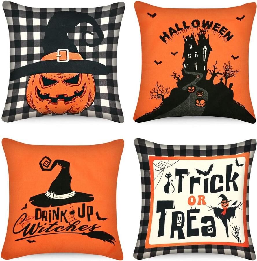 Halloween kussensloop 4x stuks Halloween decoraties kussenhoezen pompoen kasteel heksenhoed en trick or treat katoen linnen sierkussenslopen voor slaapbank kussenhoes decoratie