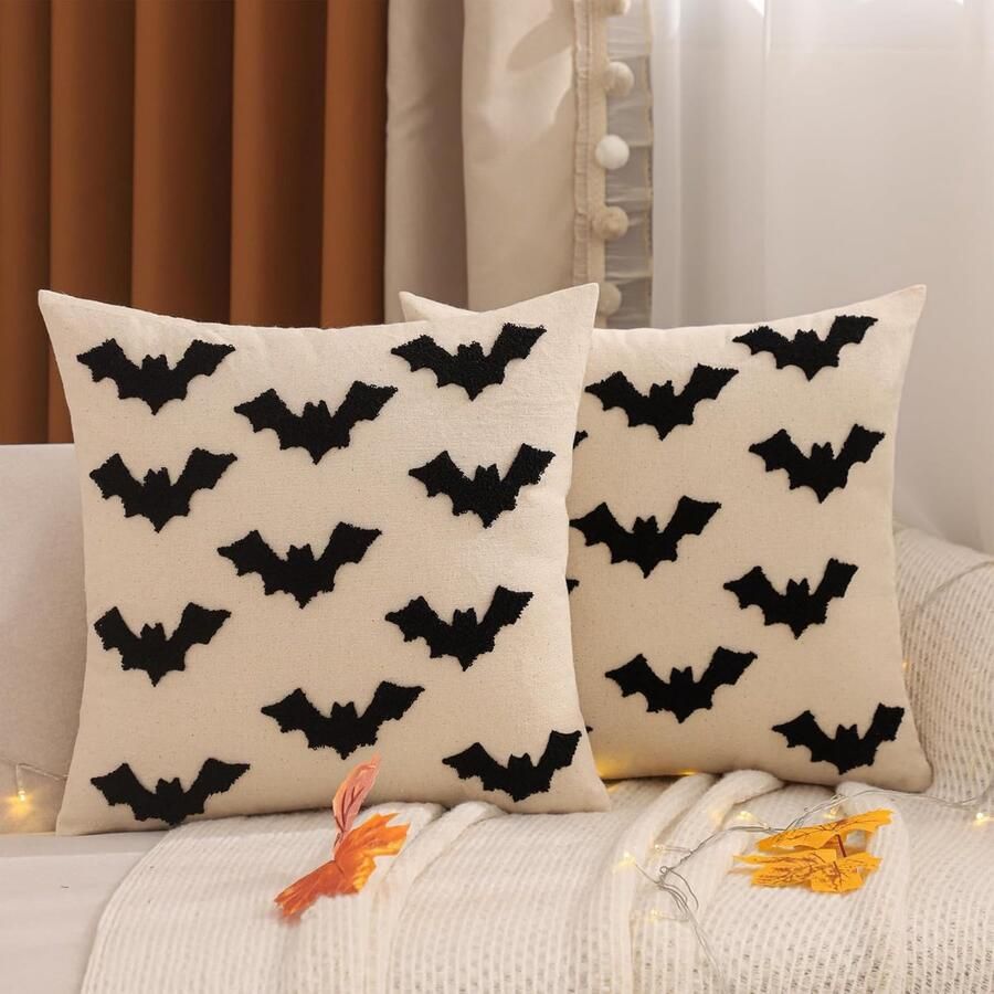 Retadou Halloween kussenslopen 2 stuks 45 x 45 cm tufting geborduurde vleermuis terreur decoratie bankkussens voor woonkamer bank tuin slaapkamer outdoor bankkussen