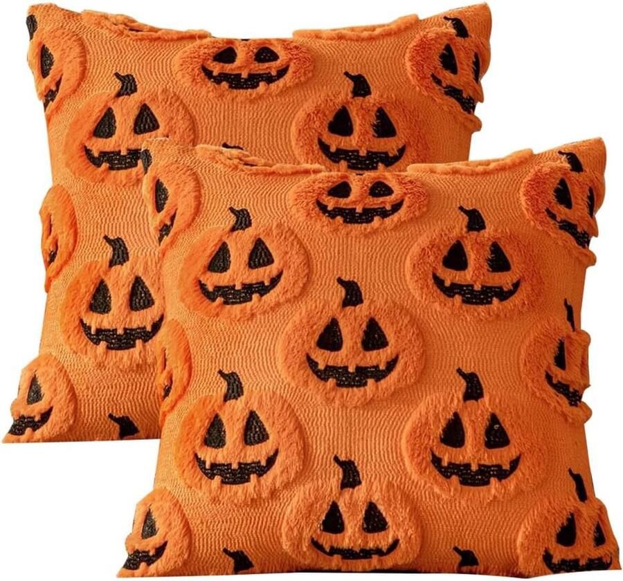 Halloween kussenslopen 2 stuks grappige geesten en pompoenmotieven 45 x 45 cm Halloween decoratie voor bank slaapkamer en feest (oranje)
