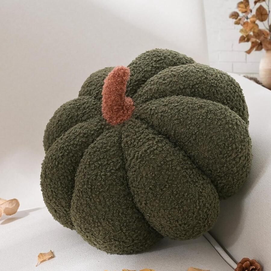 Halloween Pompoenkussen Esthetisch Groene Pompoenvorm Decoratief Kussen van Teddy Fluweel voor Bank en Woondecoratie 30 cm