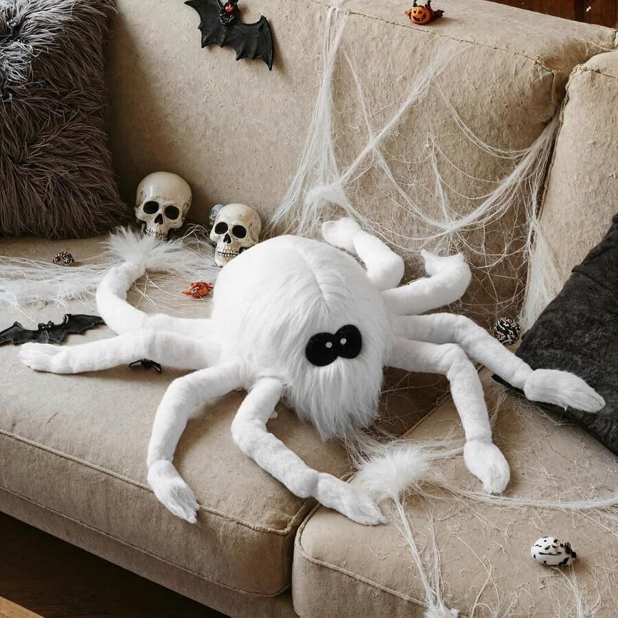 Retadou Halloween spinnenkussen decoratief kussen van pluche spin decoratief kussen van pluizig pluche speelgoed voor cadeau feest bed bank binnen Halloween decoratie (wit 62 x 25 cm)