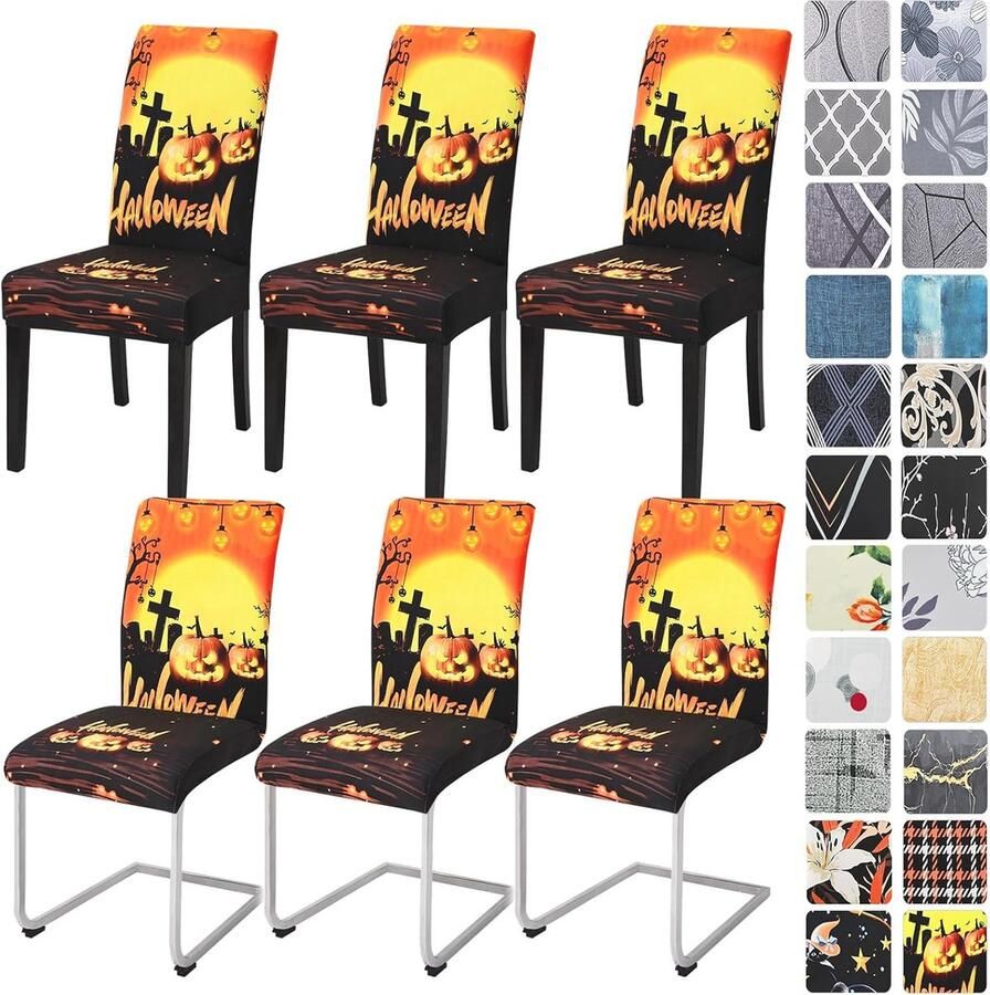 Halloween Stoelhoezen Set van 6 Elastische Bescherming voor Eetkamerstoelen Wasbaar en Afneembaar Feestdecoratie