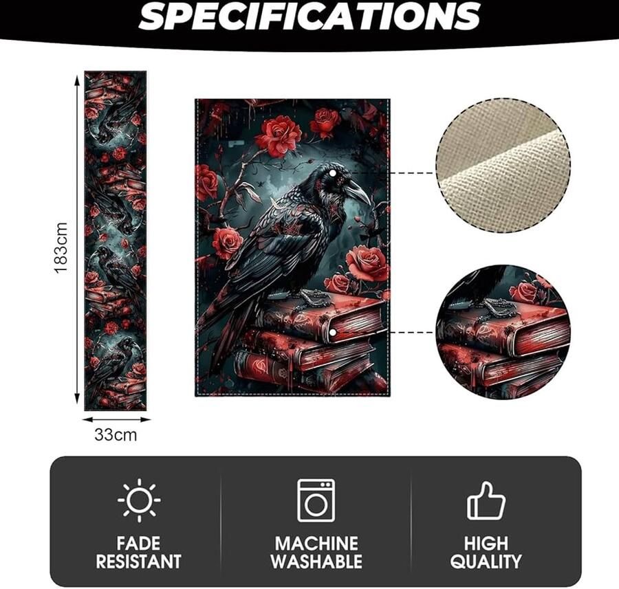 Halloween Tafelloper Kraaien Decor 1 stuk Wasbaar Linnen 183x33 cm