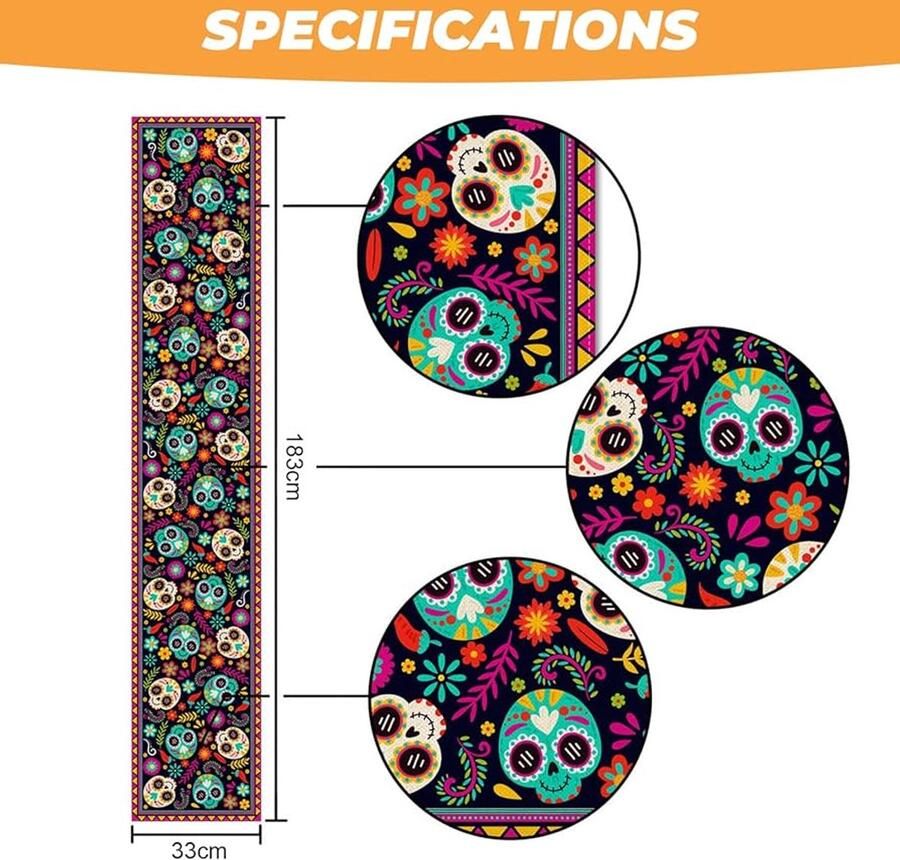 Halloween tafelloper Schedel bloemen decoratie 1 stuk Groen Kunststof 183x33 cm