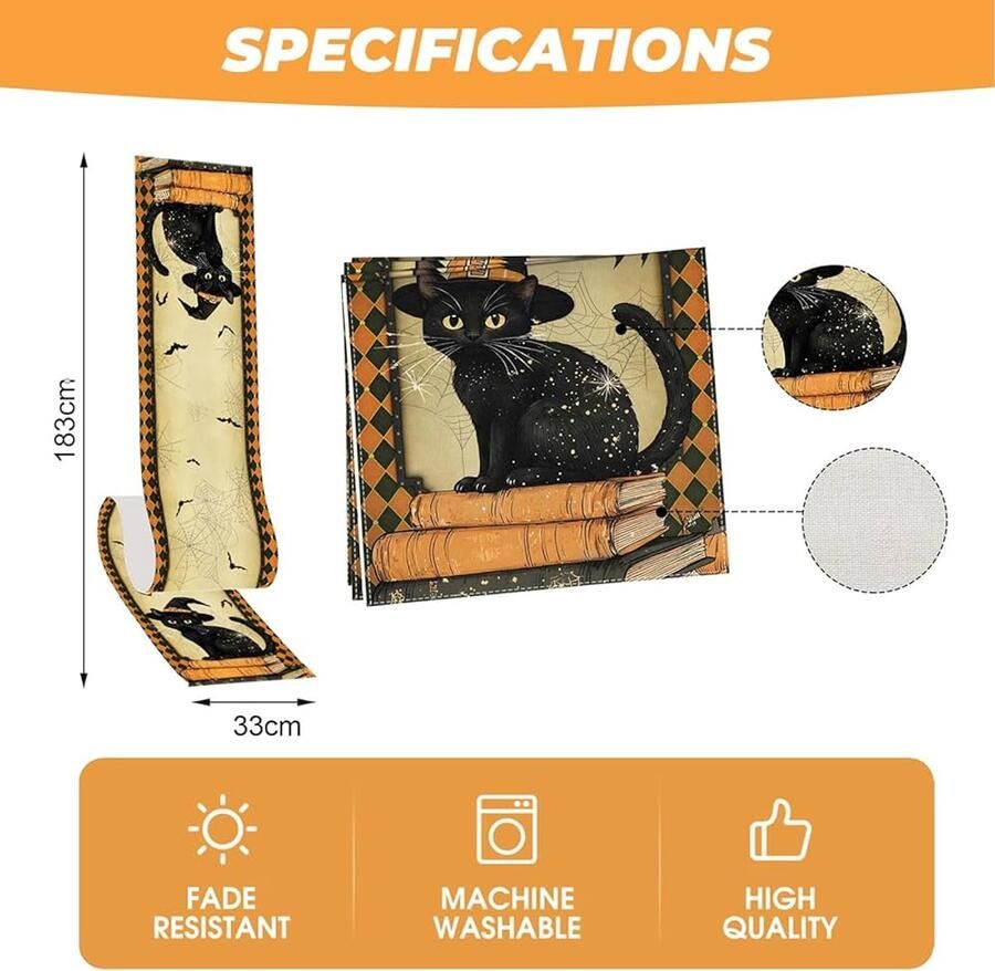 Halloween Tafelloper Zwart Afwasbaar 183x33 cm