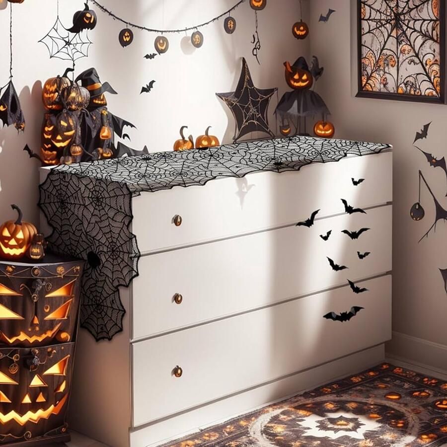 Halloween Tafelloper Zwart met Spinnenwebben 1 stuk 45 x 183 cm