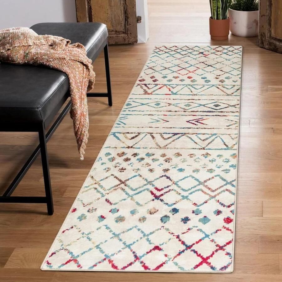 Hallway Runner 60x210cm Non-Slip Kitchen Mat Washable Area Carpet Soft Microfiber Geometric Tribal Floor Carpet (Multicolor)