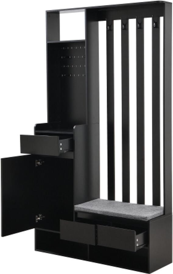 Halmeubel met opbergbank multifunctionele schoenenkast met pegboard moderne garderobe met 4 haken voor hal en wasruimte zwart