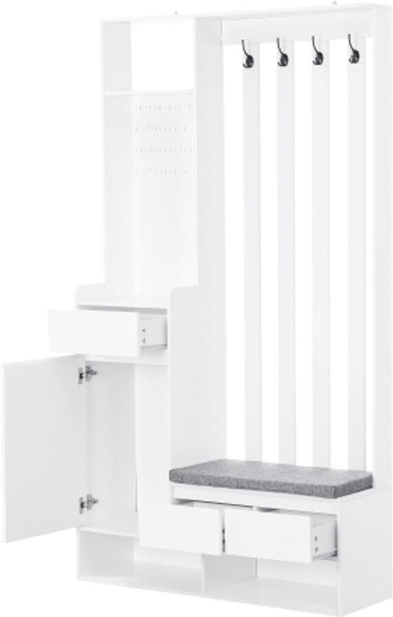 Halmeubel met opbergbank multifunctionele schoenenkast met pegboard moderne garderobe met 4 haken voor hal en wasruimte wit